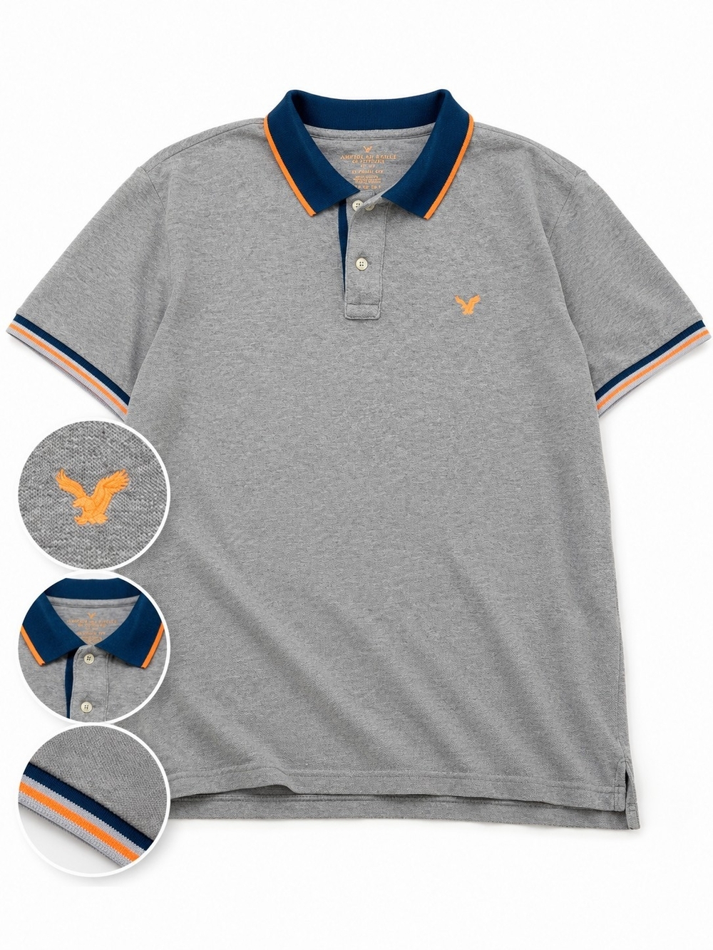 American Eagle Outfitters Men’s XL Gray Polo Shirt Navy Orange Trim Classic Fit
